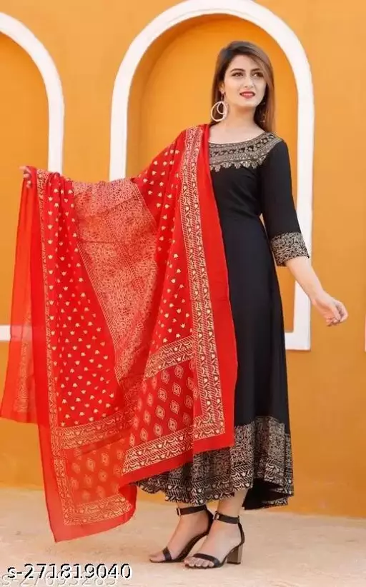 Women Rayon Anarkali Kurta With Printed Red Dupatta